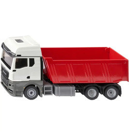 Spielzeug-Kipplaster mit weißem Führerhaus, grauem Fahrgestell und roter Mulde seitlich betrachtet.