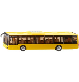 Gelbes Spielzeug-Stadtbusmodell mit schwarzen Fenstern und sichtbaren beigen Sitzen, seitlich betrachtet.