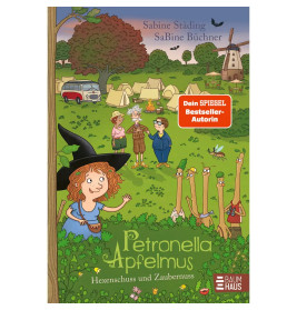 Cartoon-Hexe und Menschen an einem Zeltplatz mit Bäumen, Windmühle Cover des Buchs Petronella Apfelmus.