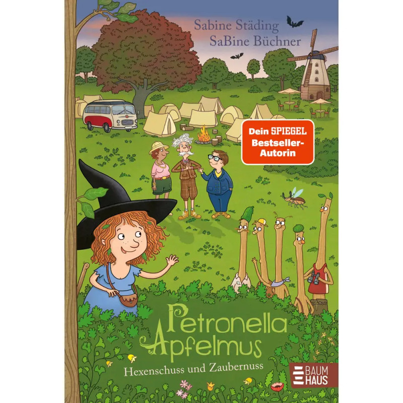 Cartoon-Hexe und Menschen an einem Zeltplatz mit Bäumen, Windmühle Cover des Buchs Petronella Apfelmus.