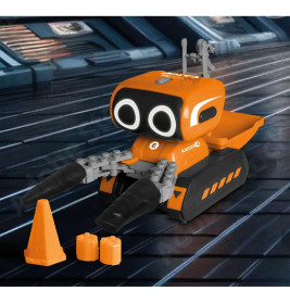 Orange-schwarzer Spielzeugroboter mit großen Augen, Klauenarmen und Ketten, neben Kegeln auf futuristischem Boden.