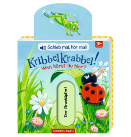 Kinderbuchcover mit Grashüpfer, Marienkäfer, Blumen und dem deutschen Titel: KribbelKrabbel! Wen hörst du hier?.