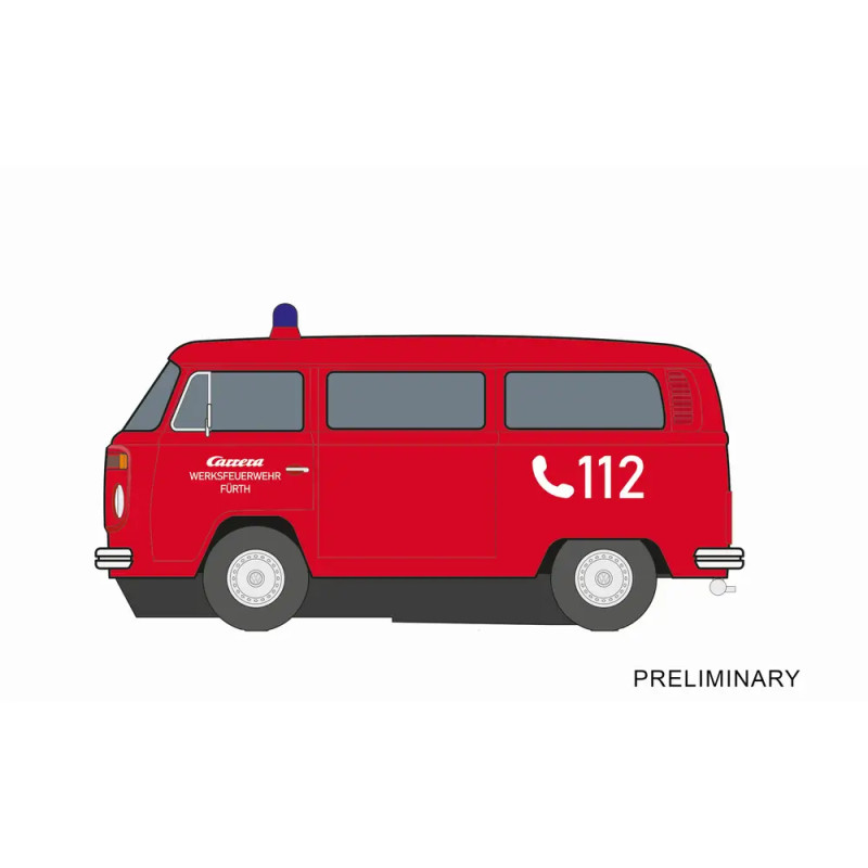 Illustration eines roten Oldtimer-Feuerwehrwagens mit der Nummer 112 und blauem Martinshorn auf dem Dach.