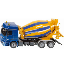 Blauer und gelber Betonmischer mit sechs Rädern und gestreifter Mischtrommel.