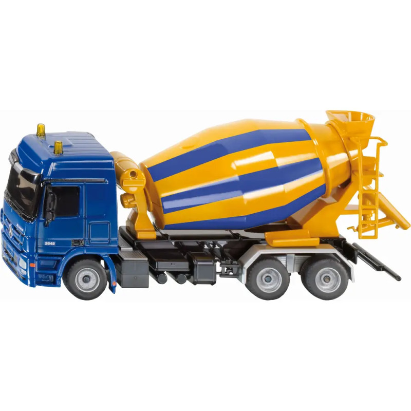 Blauer und gelber Betonmischer mit sechs Rädern und gestreifter Mischtrommel.
