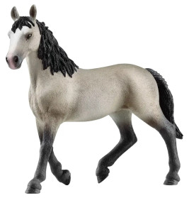 Graues Spielzeugpferd mit schwarzer Mähne und Schweif, steht mit angehobenem Vorderbein.