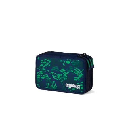 Blau-grün gemustertes Federmäppchen mit Reißverschluss und ergobag Logo auf der Vorderseite.