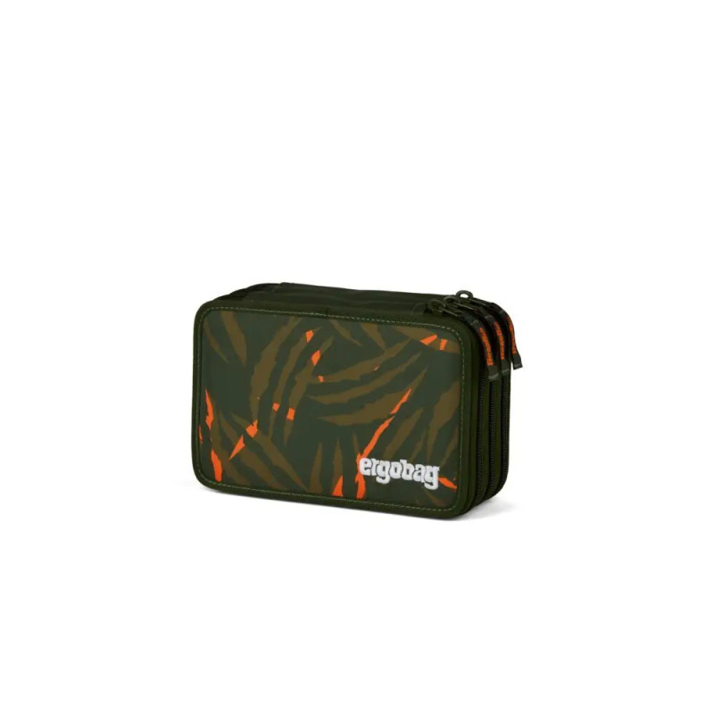 Rechteckiges Mäppchen mit schwarz-orangefarbener Camouflage und ergobag-Logo auf der Vorderseite.