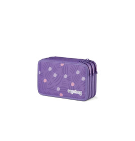 Lila, rechteckiges Federmäppchen mit Mustern und bunten Punkten, Reißverschluss und ergobag-Logo.