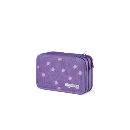 Lila, rechteckiges Federmäppchen mit Mustern und bunten Punkten, Reißverschluss und ergobag-Logo.