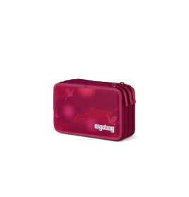 Rechteckiges pinkes Mäppchen mit drei Reißverschlussfächern und Ergobag-Logo auf der Vorderseite.