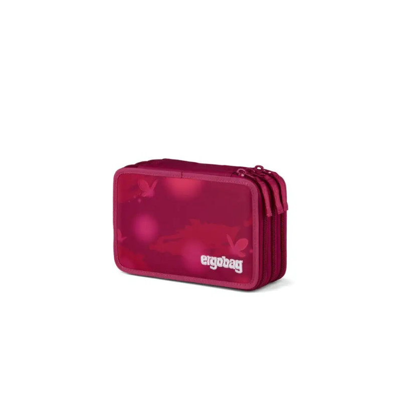 Rechteckiges pinkes Mäppchen mit drei Reißverschlussfächern und Ergobag-Logo auf der Vorderseite.