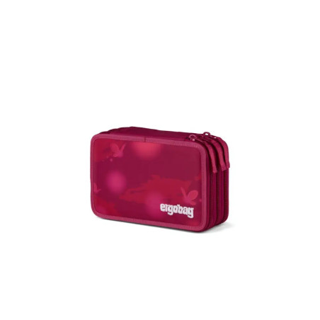 Rechteckiges pinkes Mäppchen mit drei Reißverschlussfächern und Ergobag-Logo auf der Vorderseite.