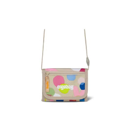 Beige Schultertasche mit bunten Punkten und ergobag-Logo auf der vorderen Reißverschlusstasche.