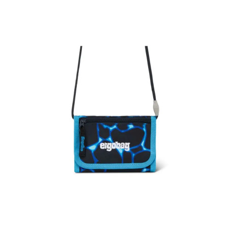 Kleine blaue und schwarze ergobag-Geldbörse mit Schulterriemen und leuchtendem Muster auf der Vorderseite.
