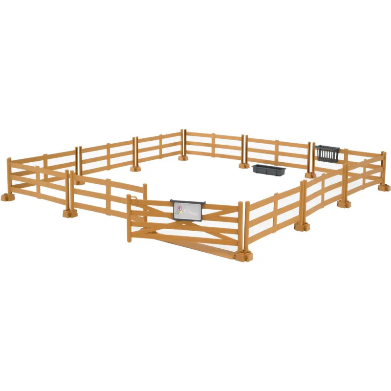 Rechteckiger brauner Holzzaun mit Tor, darin ein Futtertrog und eine kleine Futterstelle.