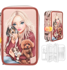 Federmäppchen mit Comic-Mädchen, großen blauen Augen, das eine Welpe, ein Kätzchen und einen flauschigen Hund hält.