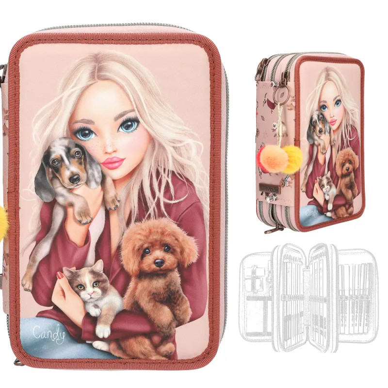 Federmäppchen mit Comic-Mädchen, großen blauen Augen, das eine Welpe, ein Kätzchen und einen flauschigen Hund hält.