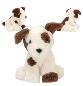 Plüschhund weiß mit braunen Flecken, aus Front-, Seiten- und Rückansicht gezeigt.