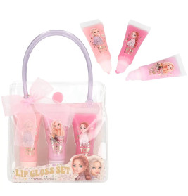 Durchsichtige Tasche mit pinker Schleife enthält drei Lipgloss-Tuben, drei weitere liegen darüber.