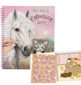 Miss Melody Malbuch mit Pferd und Katze auf dem Cover sowie zwei Seiten mit Tier-Ausmalmotiven.