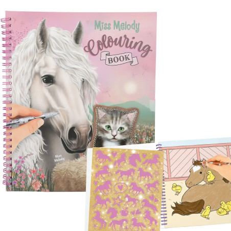 Miss Melody Malbuch mit Pferd und Katze auf dem Cover sowie zwei Seiten mit Tier-Ausmalmotiven.