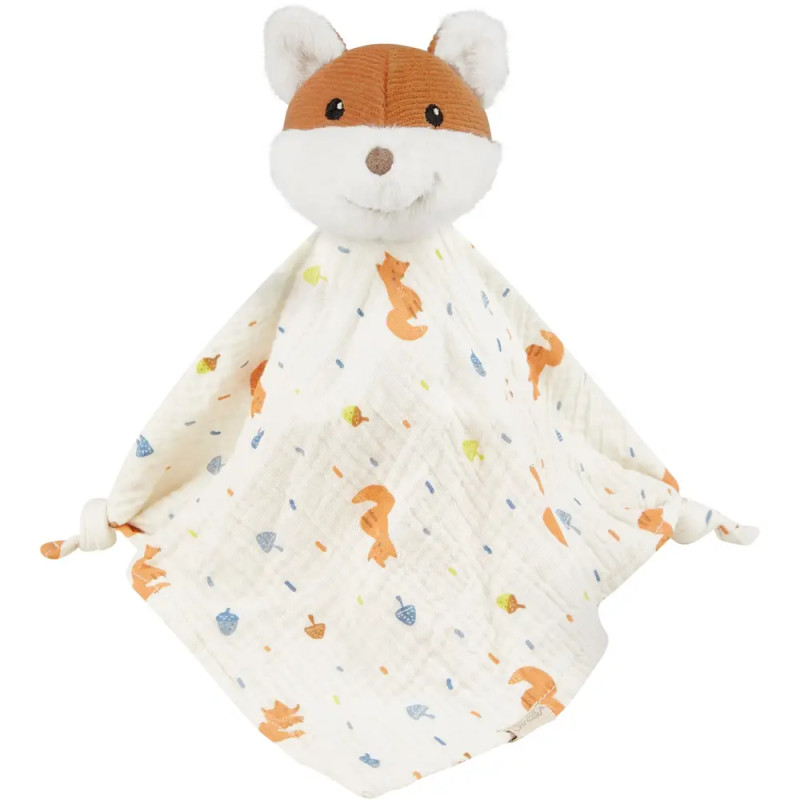 Plüsch-Fuchskopf auf weicher, weißer Decke mit Fuchs- und Eichelmuster, an zwei Ecken geknotet.