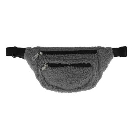 Graue Fleece-Gürteltasche mit zwei Reißverschlussfächern und verstellbarem schwarzem Gurt.