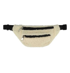 Bauchtasche aus cremefarbenem Fleece mit zwei schwarzen Reißverschlusstaschen und verstellbarem schwarzem Gurt.