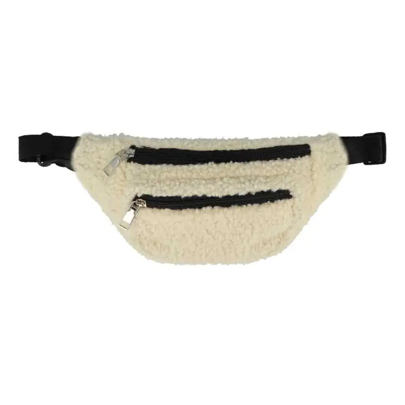 Bauchtasche aus cremefarbenem Fleece mit zwei schwarzen Reißverschlusstaschen und verstellbarem schwarzem Gurt.