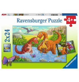 Ravensburger Puzzlebox ab 4 Jahren mit Cartoon-Dinosauriern am Fluss und Dschungel im Hintergrund.