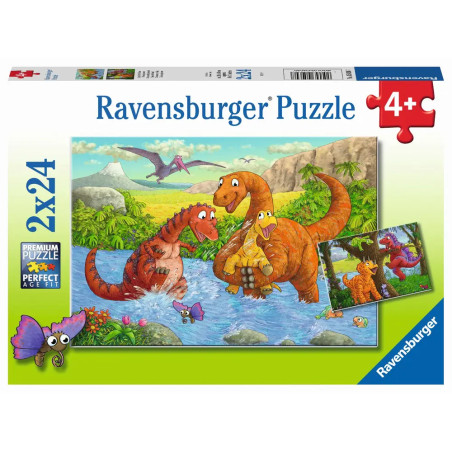Ravensburger Puzzlebox ab 4 Jahren mit Cartoon-Dinosauriern am Fluss und Dschungel im Hintergrund.