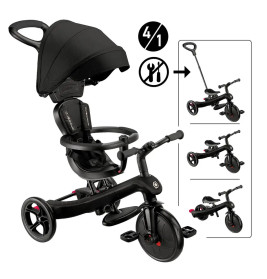 Schwarzes 4-in-1 Dreirad mit Verdeck, Schiebestange und verschiedenen Fahrmodi auf einer Abbildung gezeigt.