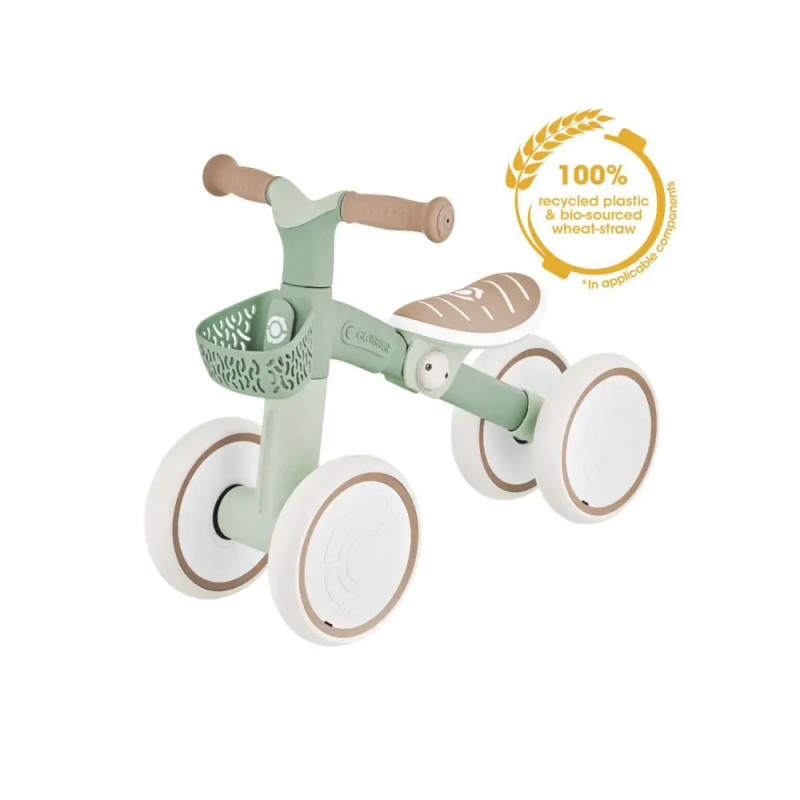 Hellgrünes und weißes Laufrad für Kleinkinder mit vier Rädern, daneben ein Abzeichen 100 % Recyclingplastik.