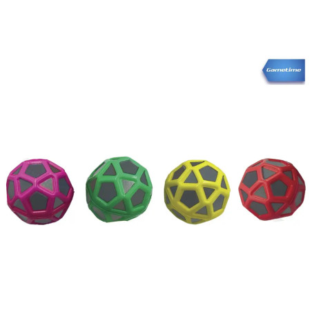 Vier geometrische Bälle in Pink, Grün, Gelb und Rot mit schwarzen Polygon-Ausschnitten auf weißem Hintergrund.