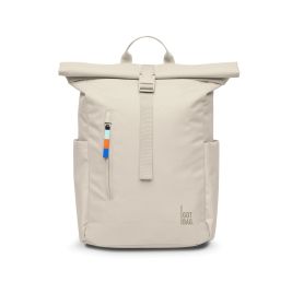 Beiger Rolltop-Rucksack mit Frontreißverschlusstasche, Seitentaschen und farbigem Reißverschluss.