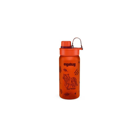 Orange Trinkflasche mit Tigerillustration, schwarzen Markierungen und rotem Deckel mit Henkel.