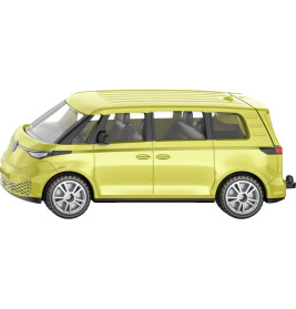 Gelber Spielzeug-Van mit schwarzen Fenstern und silbernen Rädern, seitlich vor weißem Hintergrund fotografiert.