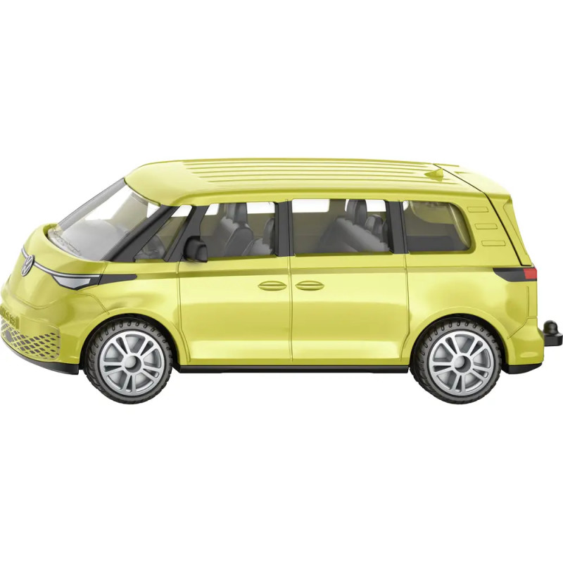 Gelber Spielzeug-Van mit schwarzen Fenstern und silbernen Rädern, seitlich vor weißem Hintergrund fotografiert.