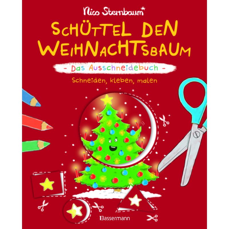 Rotes Buchcover mit geschmücktem Weihnachtsbaum, Schere, Buntstiften, Sternen und deutschem Text.