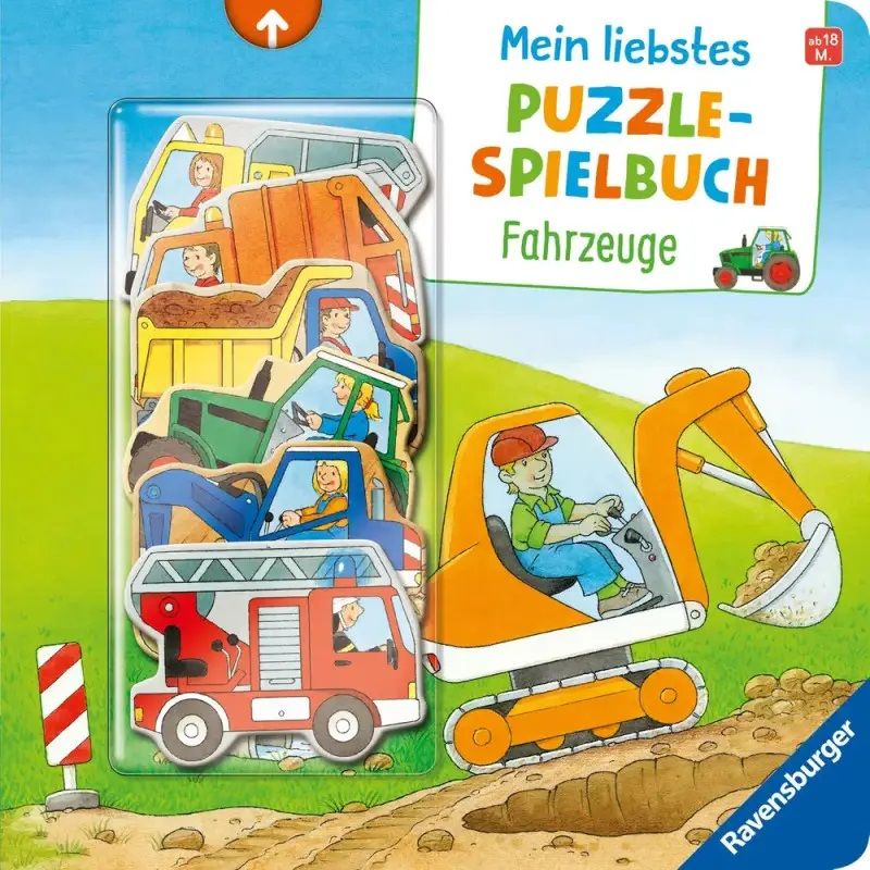 Cover eines Puzzlebuchs mit gezeichneten Fahrzeugen wie Bagger und Feuerwehrauto, Titel: Mein liebstes Puzzlespielbuch Fahrzeuge
