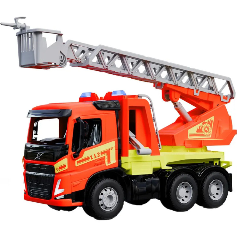 Spielzeug-Feuerwehrwagen mit rotem und gelbem Aufbau sowie ausgefahrener grauer Leiter auf dem Dach.