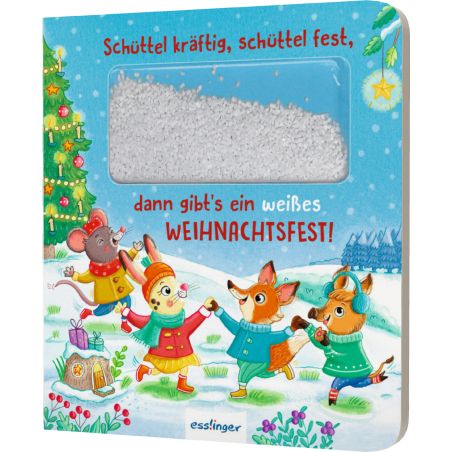 Illustrierte Tiere tanzen am Weihnachtsbaum; im Fenster fällt Kunstschnee über festlichen deutschen Text.