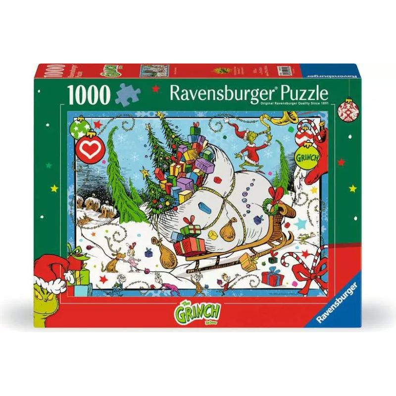 Puzzlebox mit 1000 Teilen von Ravensburger: Grinch und Max ziehen im Schnee einen Schlitten voller Geschenke.