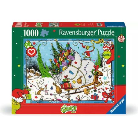 Puzzlebox mit 1000 Teilen von Ravensburger: Grinch und Max ziehen im Schnee einen Schlitten voller Geschenke.