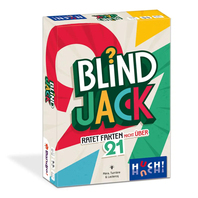 Bunte Blind Jack Kartenspiel-Box mit auffälliger Schrift und Formen, auf Deutsch erschienen bei Huch!.