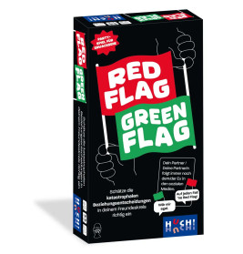 Box des Partyspiels Red Flag Green Flag auf Deutsch mit roten, grünen Fahnen und verspieltem Text.
