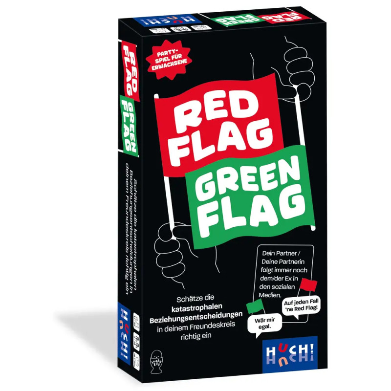 Box des Partyspiels Red Flag Green Flag auf Deutsch mit roten, grünen Fahnen und verspieltem Text.