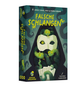 Spielschachtel mit grünen Schlangen, weißer Maske und Karten; Titel: Falsche Schlangen in gelber Schrift.