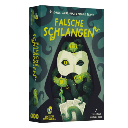 Spielschachtel mit grünen Schlangen, weißer Maske und Karten Titel: Falsche Schlangen in gelber Schrift.